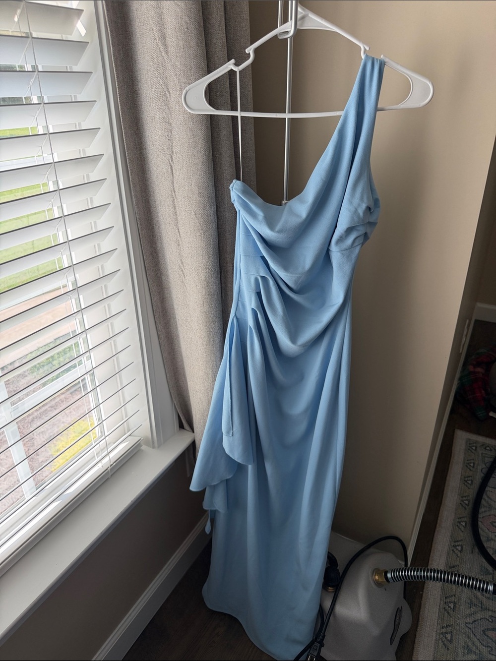 One-Shoulder Draped Evening Gown in Light Blue
